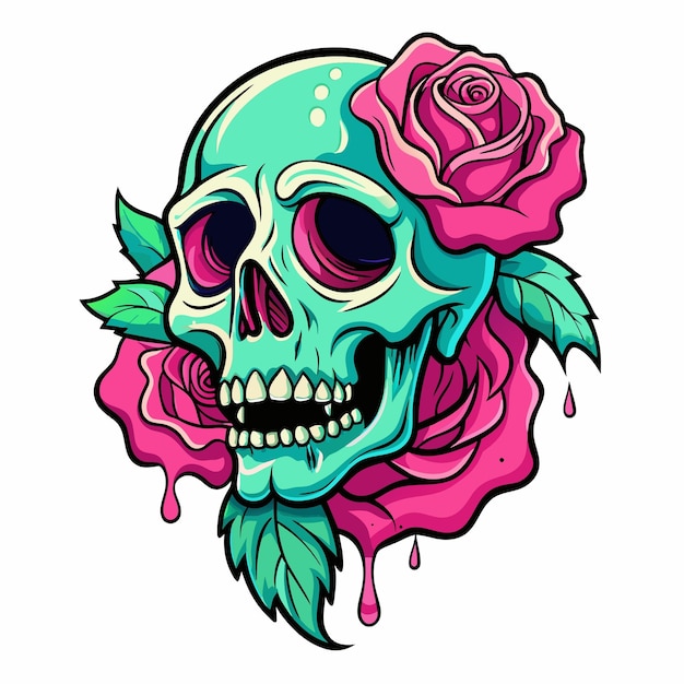 Vector un dibujo de un cráneo con rosas rosas y hojas verdes