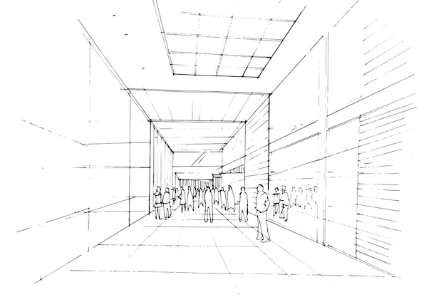 Dibujo de croquis de centro comercialTiendas de moda y gente caminandoDiseño modernovectorIlustración 2d