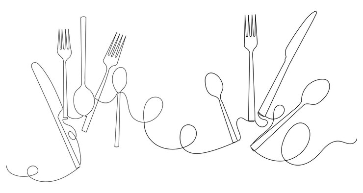 Vector dibujo de cubiertos en un vector aislado de línea continua