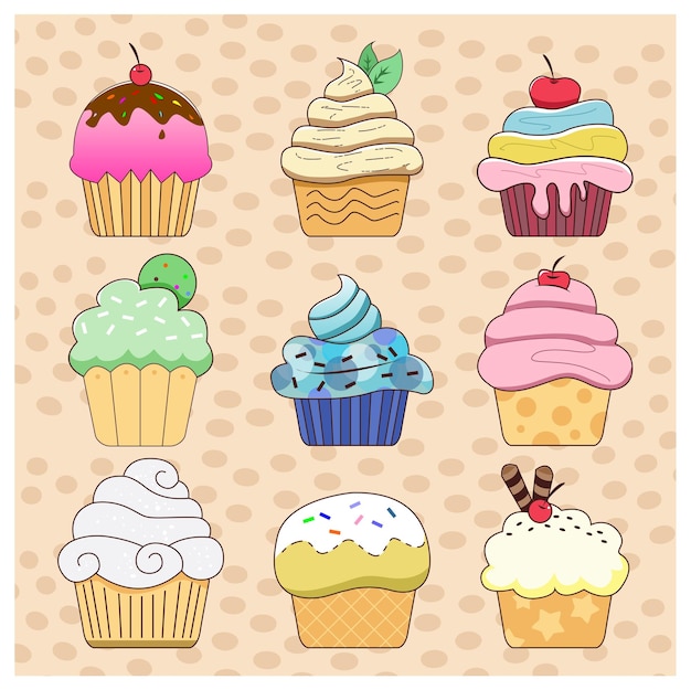 Un dibujo de cupcakes con diferentes sabores.