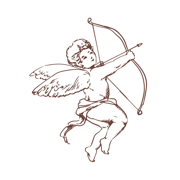 Vector dibujo de cupido adorable con arco apuntando o disparando flechas aisladas. dios del amor romántico, la pasión y el deseo, personaje mitológico con alas.