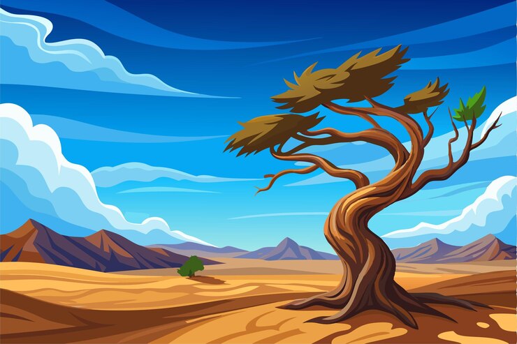 Vector un dibujo de un desierto con un árbol en la parte superior