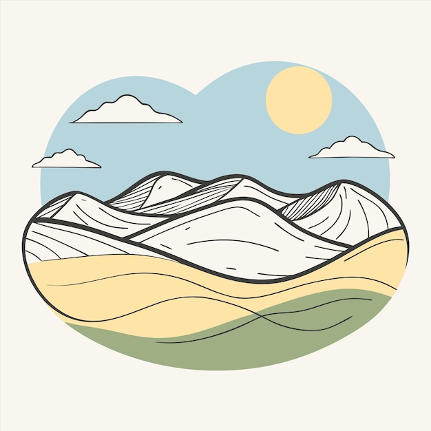 un dibujo de un desierto con el sol en el fondo