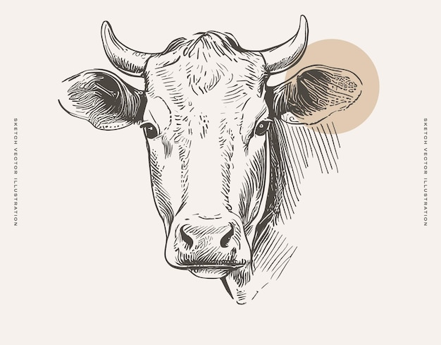 Vector dibujo detallado de la cabeza de la vaca sobre un fondo blanco