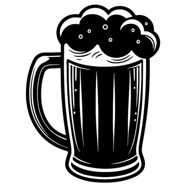 Dibujo detallado de una taza de cerveza con arte vectorial de espuma sobre fondo blanco