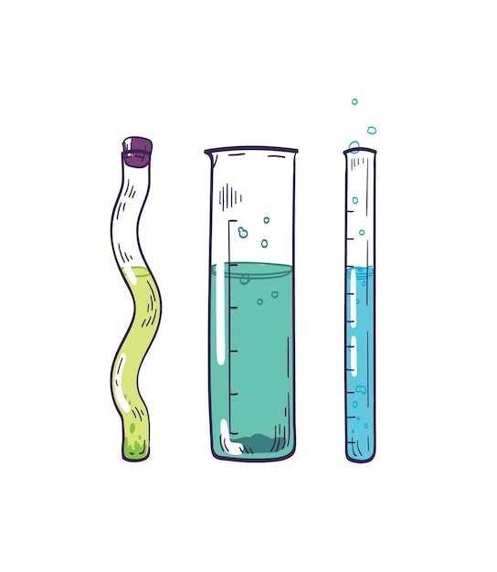 Vector dibujo detallado de tubos de ensayo con coloridos reactivos líquidos con gas en blanco.