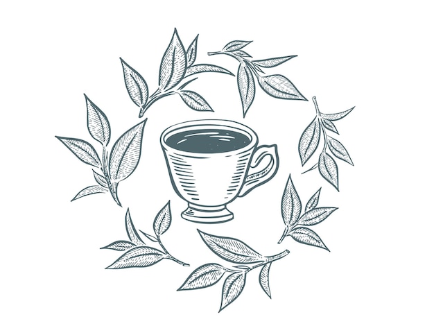 Dibujo dibujado a mano de taza de té verde aislado en blanco