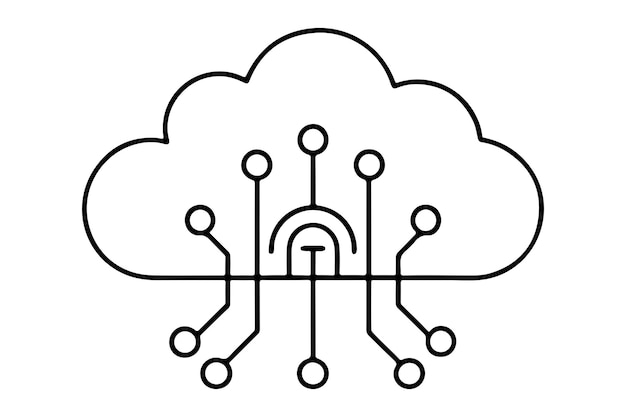 dibujo de dibujo continuo de una sola línea negra del procesamiento de datos impulsado por la IA en la ilustración de información del entorno de la nube