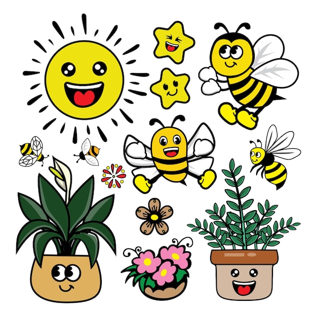 Vector un dibujo de dibujos animados de algunas abejas y una planta con una maceta y un girasol.