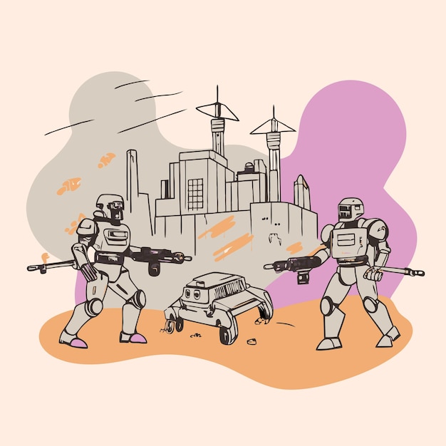 un dibujo de dibujos animados de algunos robots con uno que se llama robot