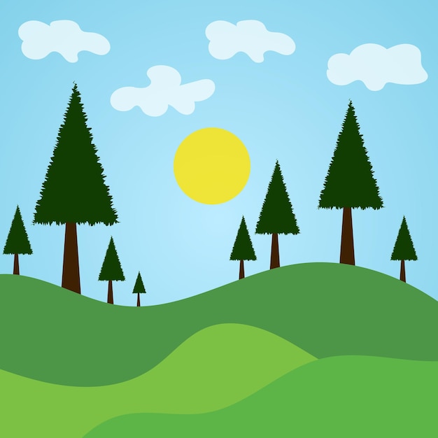 Un dibujo de dibujos animados de árboles en una colina con el sol en el fondo.