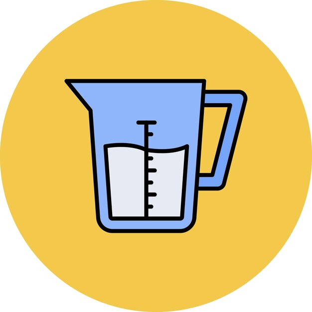 un dibujo de dibujos animados azul y amarillo de una taza de medición con una cinta de medición