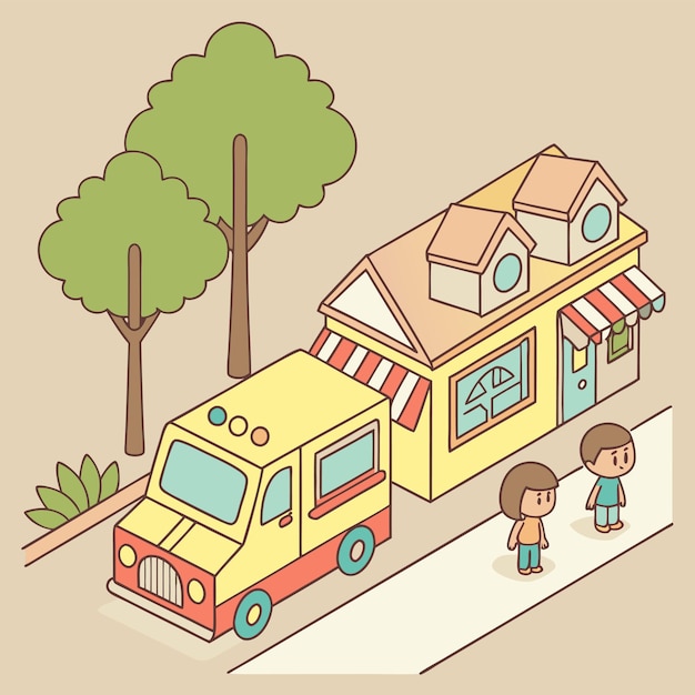 un dibujo de dibujos animados de un camión de comida con un niño caminando por él