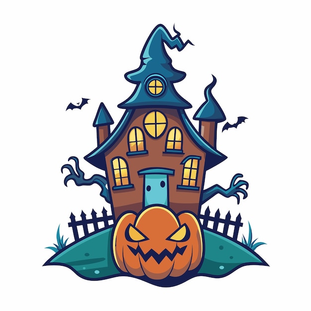 un dibujo de dibujos animados de una casa con una calabaza en él