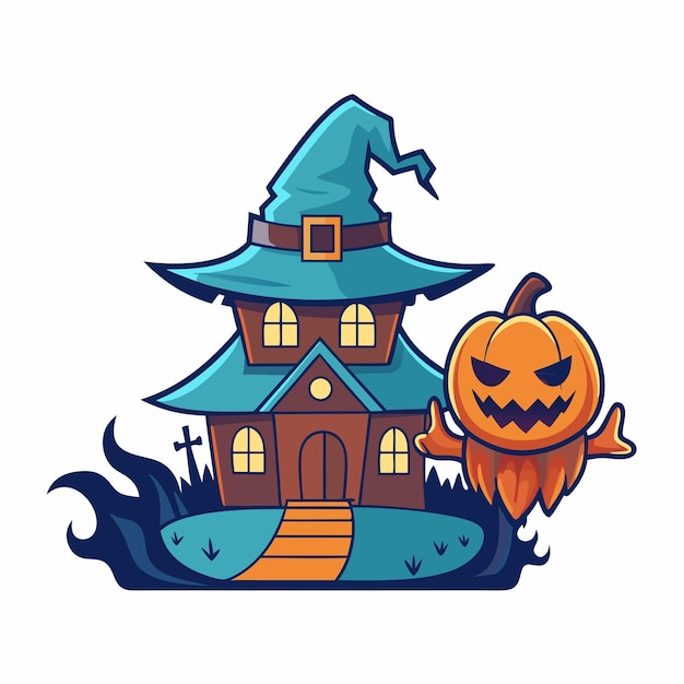 un dibujo de dibujos animados de una casa con una calabaza en él