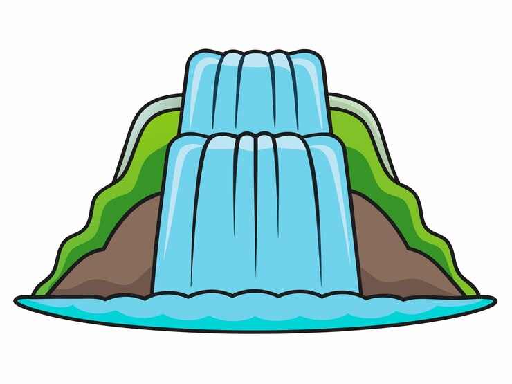 Vector un dibujo de dibujos animados de una cascada con una característica de agua azul