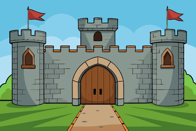 un dibujo de dibujos animados de un castillo con una flecha roja apuntando a la derecha