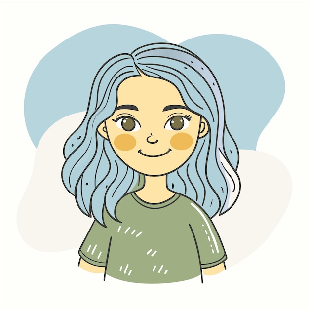 un dibujo de dibujos animados de una chica con cabello azul y un cielo azul detrás de ella
