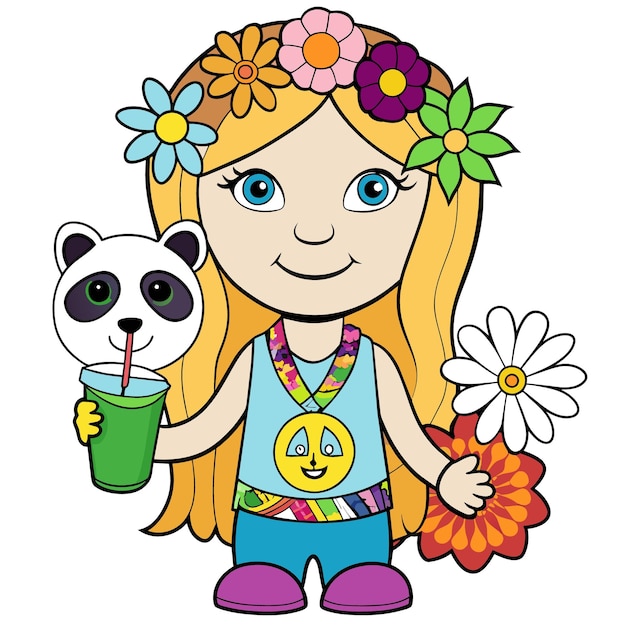 un dibujo de dibujos animados de una chica con flores y un oso panda