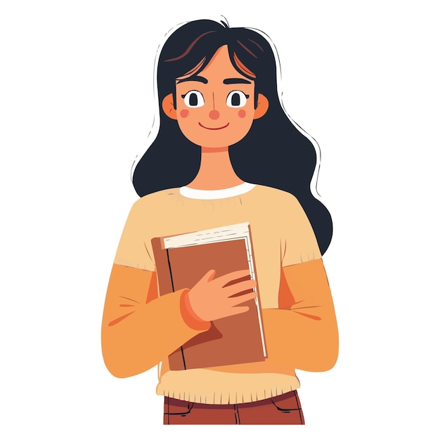 un dibujo de dibujos animados de una chica sosteniendo un libro con una sonrisa en su cara