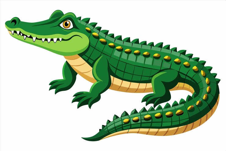 Vector un dibujo de dibujos animados de un cocodrilo con ojos amarillos y nariz verde
