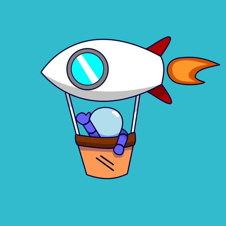 un dibujo de dibujos animados de un cohete volando en un cielo azul
