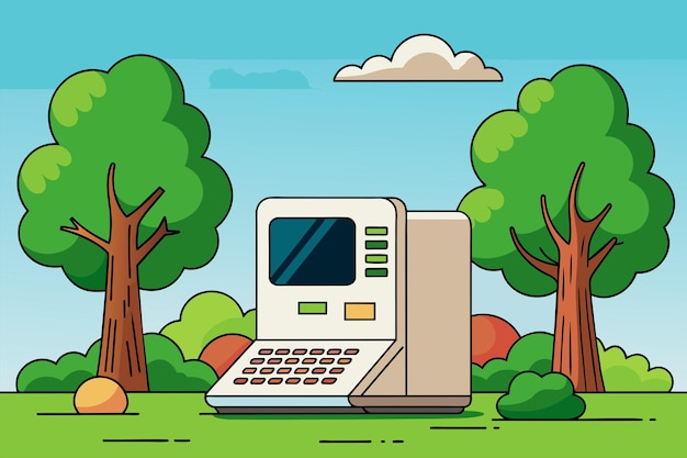 un dibujo de dibujos animados de una computadora con árboles en el fondo