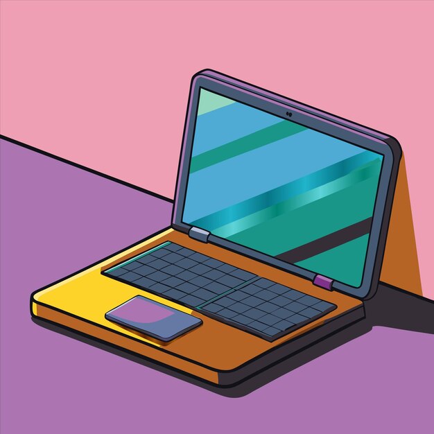 un dibujo de dibujos animados de una computadora portátil con un fondo púrpura