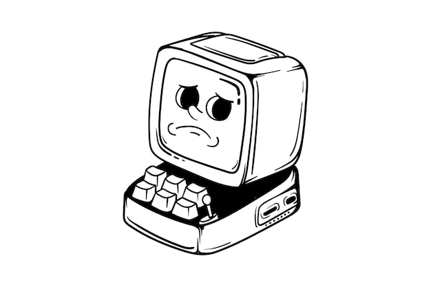 Un dibujo de dibujos animados de una computadora vieja con una cara triste.