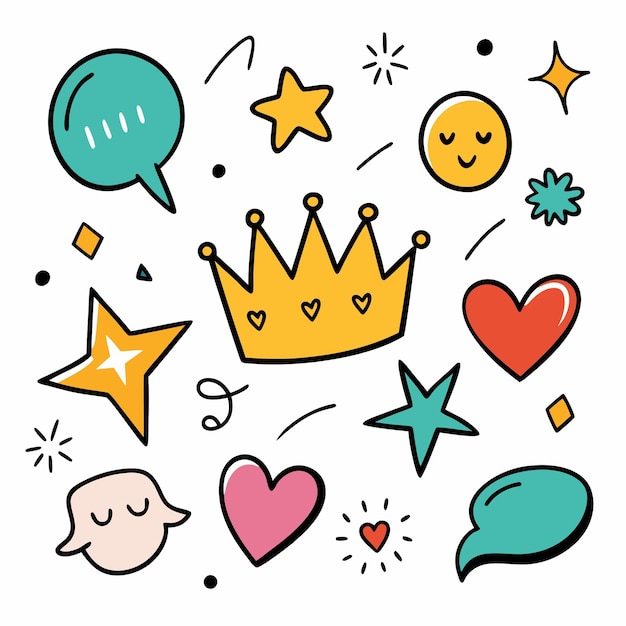 un dibujo de dibujos animados de una corona y corazones con un corazón en él