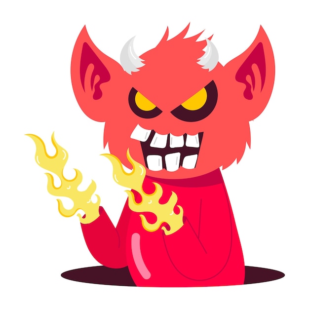 un dibujo de dibujos animados de un diablo rojo con llamas amarillas en la cara