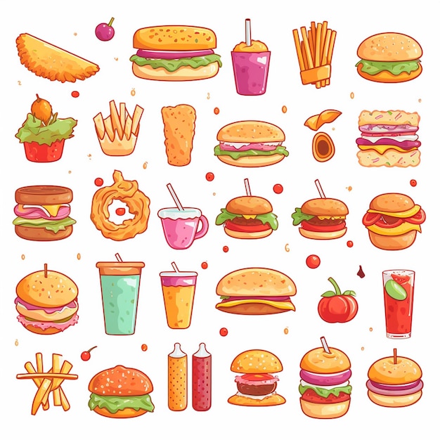 un dibujo de dibujos animados de diferentes tipos de alimentos, incluidas las hamburguesas y las bebidas