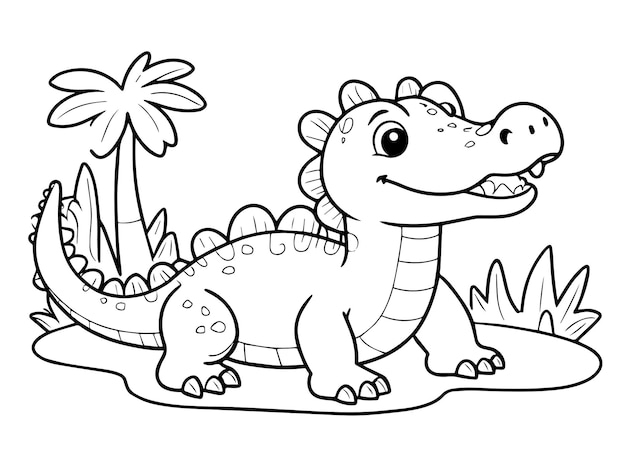 un dibujo de dibujos animados de un dinosaurio con una palmera en el fondo