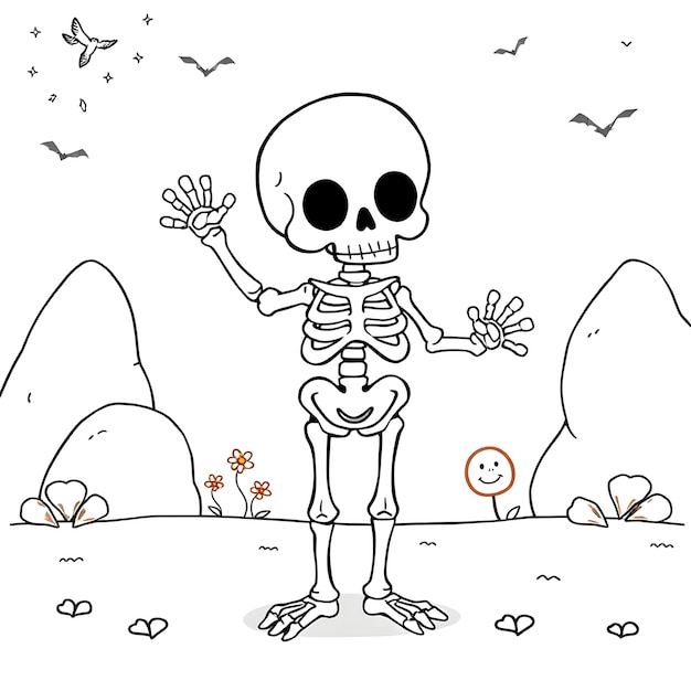 un dibujo de dibujos animados de un esqueleto con una mano en el medio