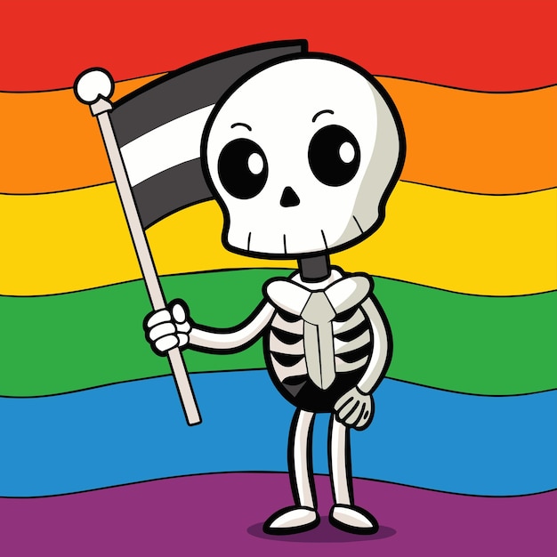 Vector un dibujo de dibujos animados de un esqueleto sosteniendo una bandera con un fondo arco iris