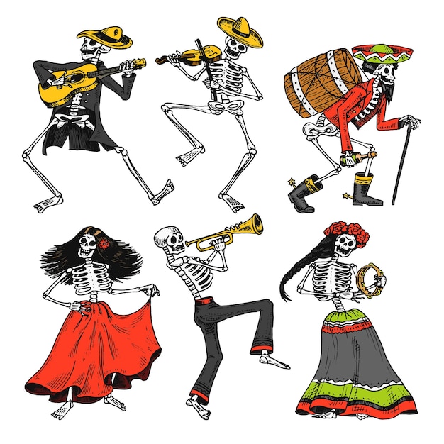 Un dibujo de dibujos animados de esqueletos tocando una flauta.
