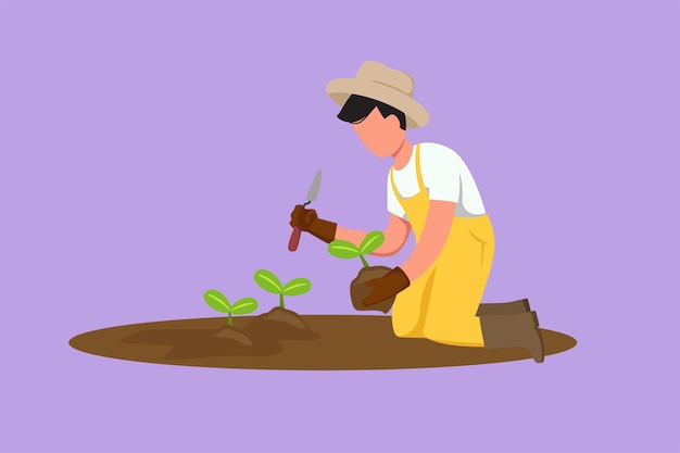 Dibujo de dibujos animados de estilo plano de un joven agricultor feliz plantando brotes de plantas en el suelo Comience el período de plantación de árboles Agricultor de éxito con cultivo natural orgánico Ilustración de vector de diseño gráfico