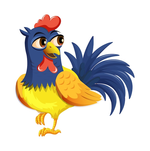Un dibujo de dibujos animados de un gallo azul con una cola amarilla y una cola roja.