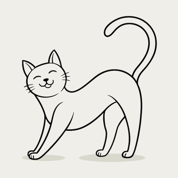 un dibujo de dibujos animados de un gato con una cola negra y un fondo blanco
