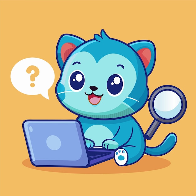 un dibujo de dibujos animados de un gato mirando una computadora portátil con una lupa