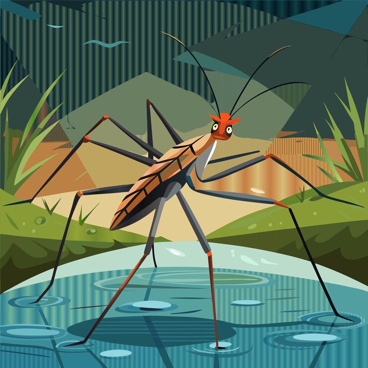 Vector un dibujo de dibujos animados de una gran libélula naranja con una cara roja y un fondo verde