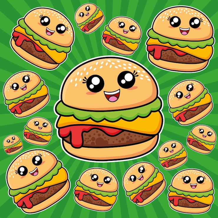 Vector un dibujo de dibujos animados de una hamburguesa con una cara en él