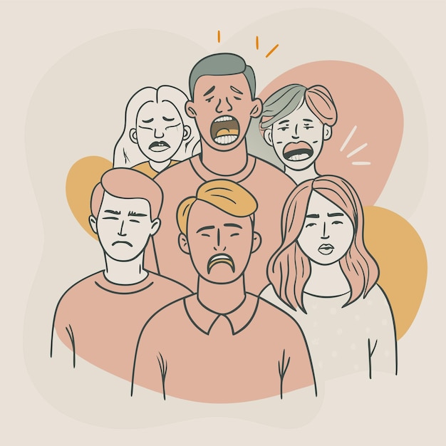un dibujo de dibujos animados de un hombre con un grupo de personas en el fondo