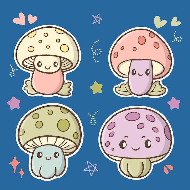 un dibujo de dibujos animados de hongos con un fondo azul con un hongo rosa y verde