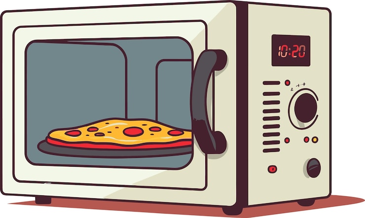 Vector un dibujo de dibujos animados de un horno de pizza con una pizza en el frente