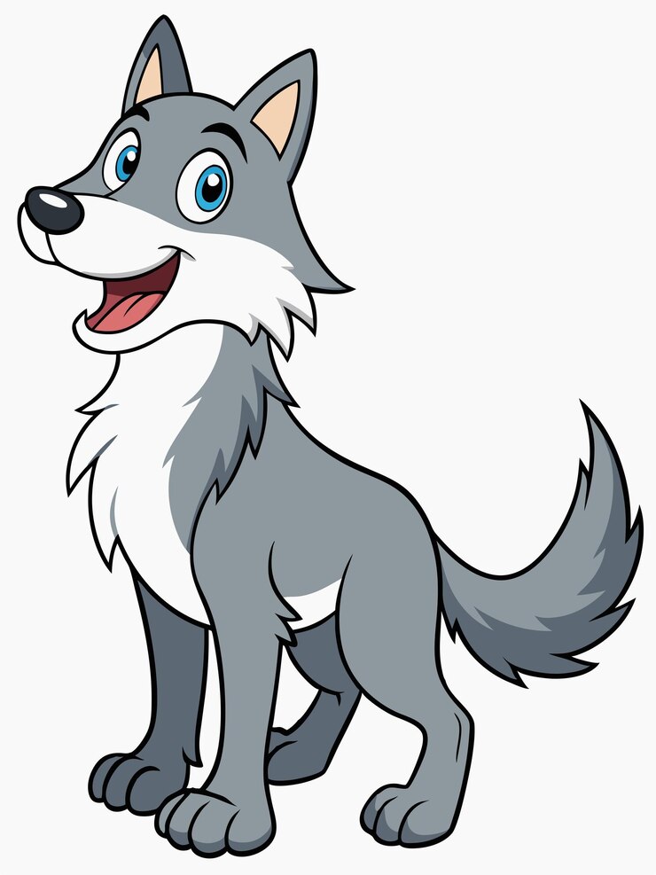 un dibujo de dibujos animados de un lobo con ojos azules y una cola
