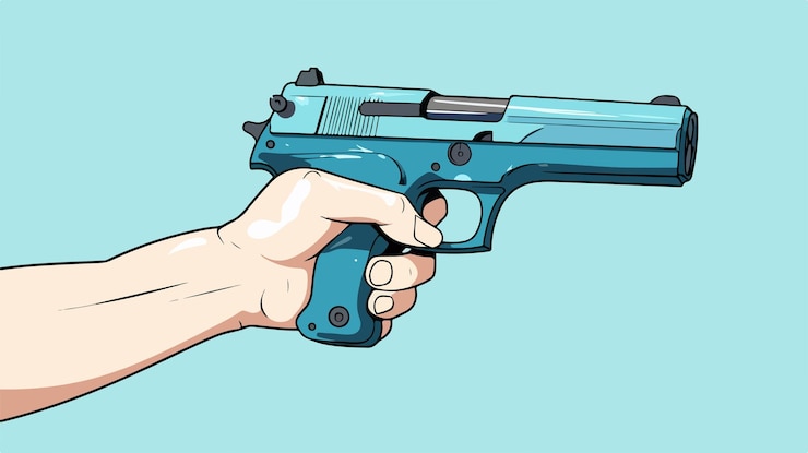 un dibujo de dibujos animados de una mano sosteniendo un arma que dice arma