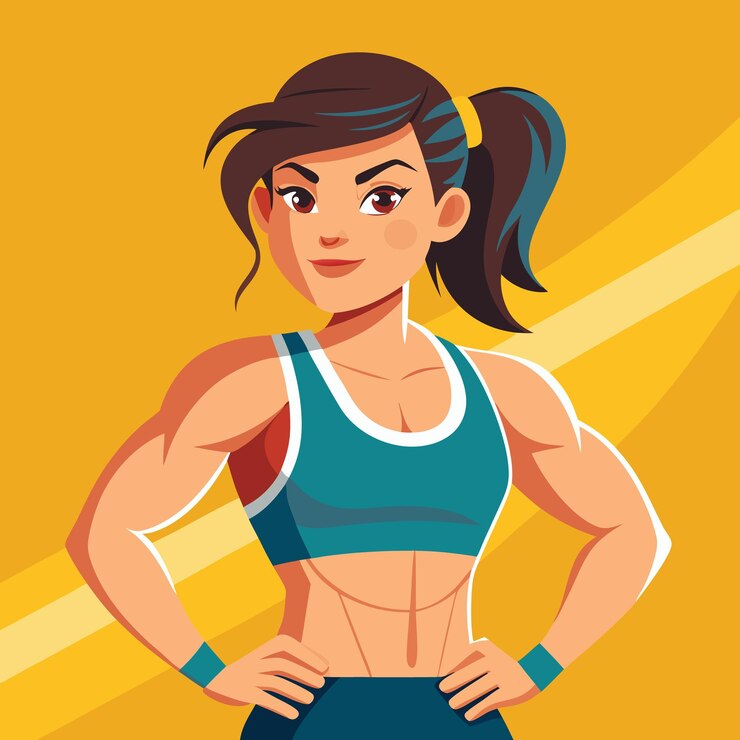 Vector un dibujo de dibujos animados de una mujer con un cuerpo muscular y sus manos en las caderas