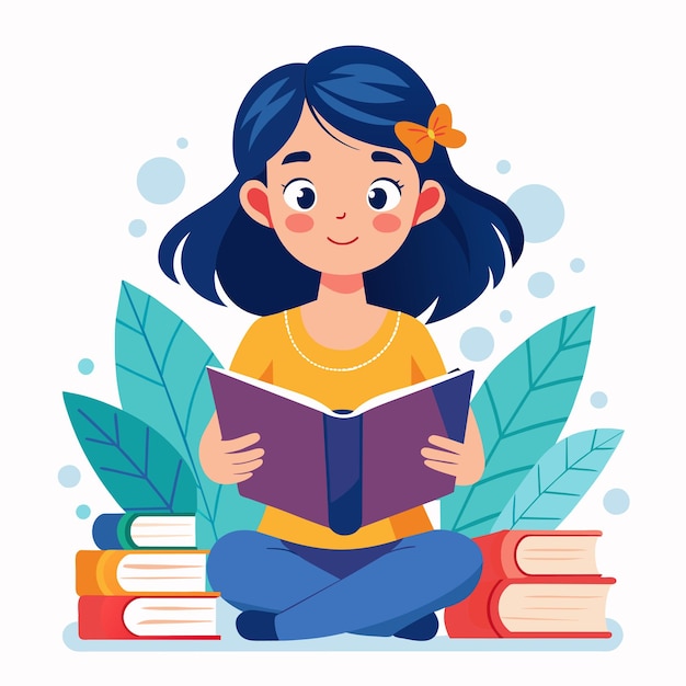 un dibujo de dibujos animados de una niña leyendo un libro con una planta verde en el fondo