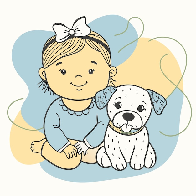 un dibujo de dibujos animados de una niña y un perro con un perro amarillo